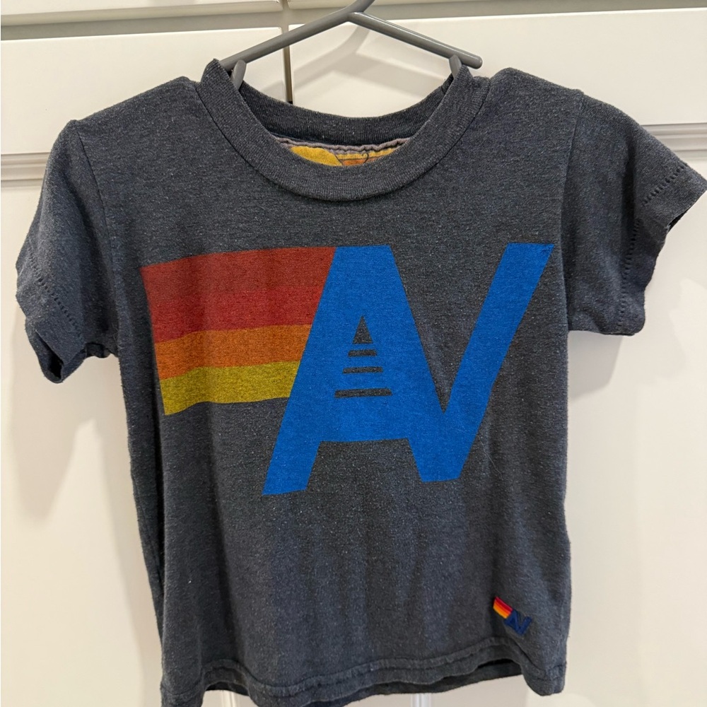 Aviator Nation Kids Tee in Blue and Gray with Rainbow Accent
